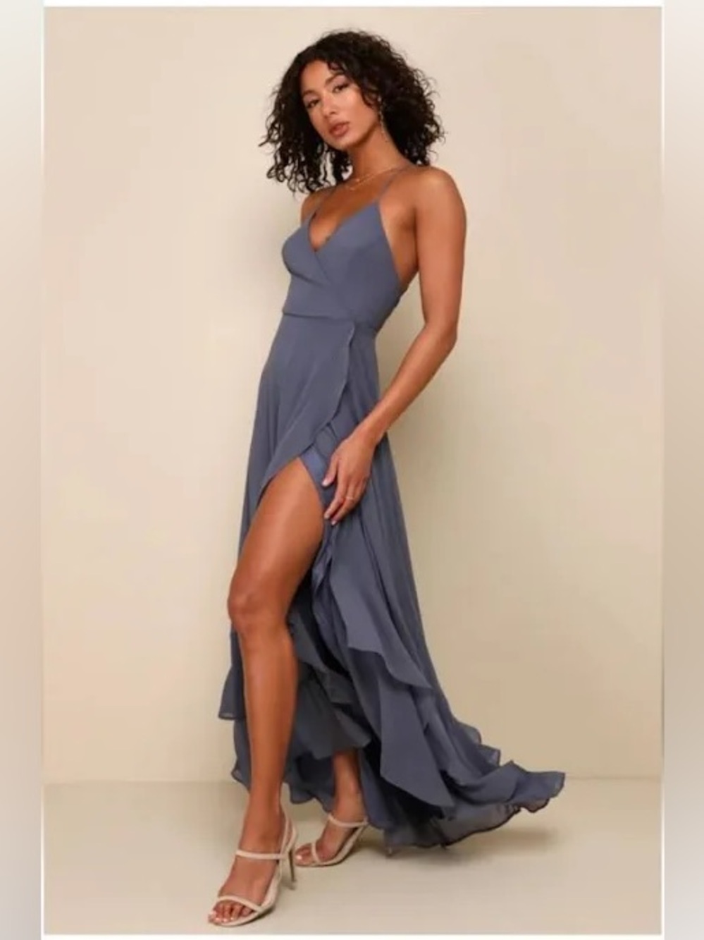 Lulu's Slate Blue High-Low Ruffle Wrap Maxi Dress